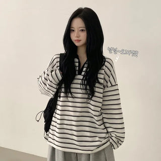 Cookies & Cream Color Block Striped Boxy Loose Fit Collared Long Sleeve Sweatshirt