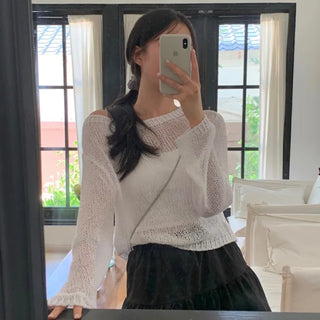 Uns Boat Neck Off-Shoulder Crop See-through Mesh Knit