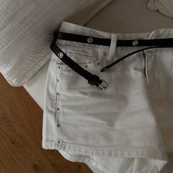 Double Ring Belt Silver Leather Eyeless Double-Line Slim Metal Accent Item