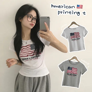 Vintage Mood, American Flag Print Lettering Round Neck Delicate Fit Short Sleeve T-shirt