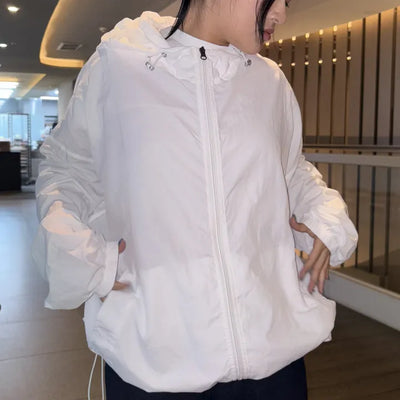 Unisex Basic Oversized Windbreaker  Transitional Autumn Clothes Long Sleeve Hoodie Zip-up Windbreaker Big Size Drawstring Windbreaker Daily Autumn Jumper Loose Fit Unisex Zip-up