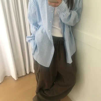 Pleated Check Shirt  Light Blue Navy Ivory