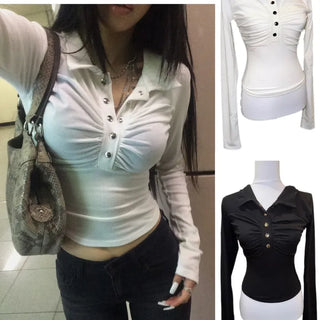 ELLE LONG SLEEVE TS | Polo Shirt Long Sleeve Autumn Top Autumn T-shirt Long Sleeve Shirred Button Long Sleeve Tee