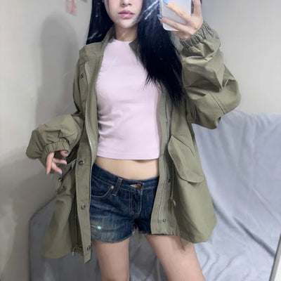 Unisex String Oversized Field Jacket  Autumn Clothes Spring Clothes Transitional Season Autumn Outerwear Field Jacket Vintage Mori Girl Look Outerwear String Jumper Bumper Jacket Unisex Couple Look Oversized Big Size