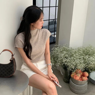 Genive Wool Mock Neck Half-Neck Cap Sleeve Short Sleeve Knit