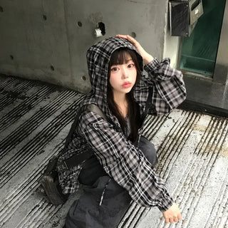 Feature) Unisex Mashiro Boxy Hooded Check Shirt Jacket (2 colors)