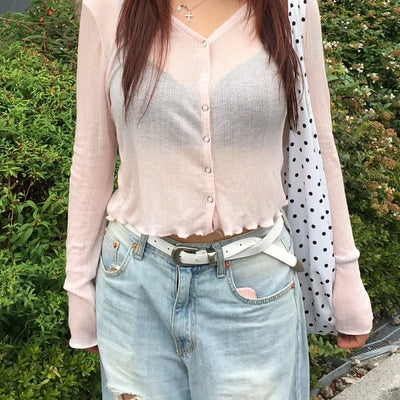 *Sun Protection* Wool Tencel Snap Delicate Loose Fit Flamboyant Fine Ribbed V-Neck Cardigan