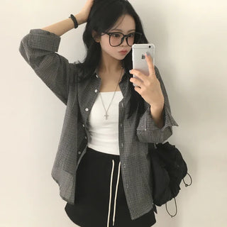 Gauze Small Check Pocket Boxy Oversized Must-Have Transitional Season Long Sleeve Check Shirt