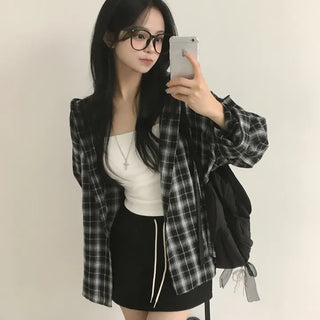 Delicate~ Check Boxy Hoodie Loose Fit Must-Have Transitional Season Long Sleeve Check Shirt