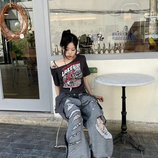 Y2K Hip Girl Asymmetrical Off-Shoulder Short Sleeve T-shirt