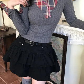 Y2K Marie check shirt layered ribbed slim tee