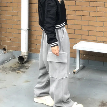 Unisex Daily Hip Pigment String Banding Wide Cargo Pants (2 colors)