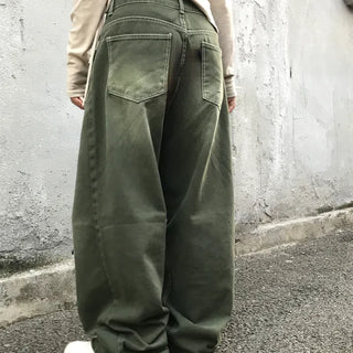 Unisex Khaki Cat Brush Stitch Denim Wide Pants
