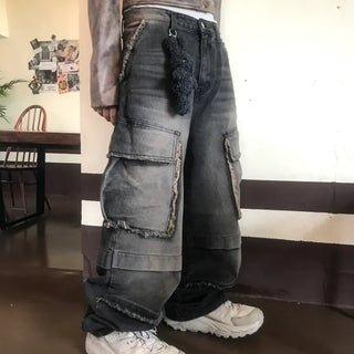 Unisex Vintage Fringe Black Washed Wide Pants