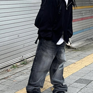 Unisex Kaneki Black Washed Semi-Wide Denim Pants