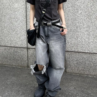 Unisex Unique Black Washed Damaged Ripped Jeans