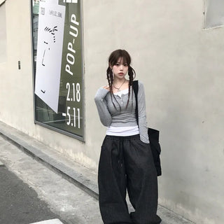 Unisex Ways Raw Striped Denim Wide Pants