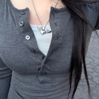 Lia Hip Girl Layered Henley Neck Slim Tee (2 colors)