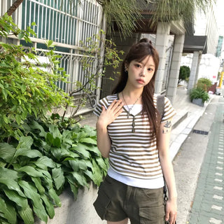 Crayon Twinkle Striped Henley Neck Short Sleeve T-shirt (2 colors)