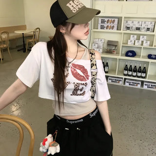 Karen Hip Girl Leopard Print One-Shoulder Loose Crop Top
