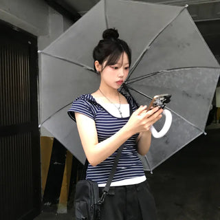Chihiro Striped Deep U-Neck Short-Sleeve Hoodie