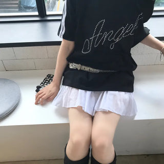 Natsu Star Lettering Oversized One-Shoulder Short Sleeve Tee