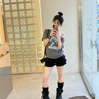 Madoka Daily Hip Girl Loose One-Shoulder Short Sleeve T-shirt