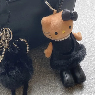Melo Keyring  Black Ribbon Heart Fur Bag Decor Keyring