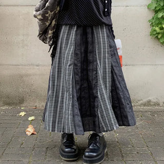 Moseley Check Flare Long Skirt Tartan Vintage A-Line Elastic Maxi Layered Skirt Spring Autumn
