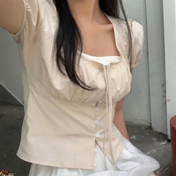 Obni Puff Shirred Strap Short Sleeve Blouse
