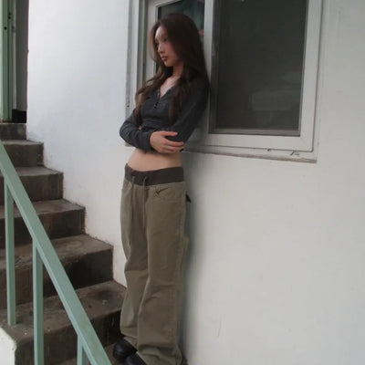 Two-tone loose-fit pants