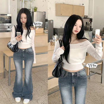 Feminine Mood, Pastel One-off Shoulder Pendant Cinched Waist Slim Fit Cropped Long Sleeve Knit