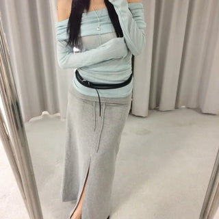 MERMAID Ribbed Slit Low-Rise Long Skirt