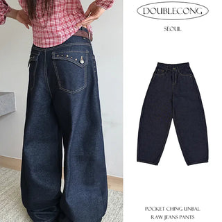Pocket Studded Asymmetrical Raw Denim Pants