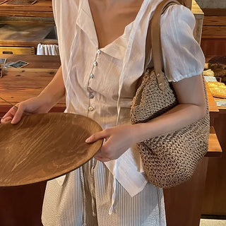 Cleanse Mother-of-Pearl Button Ribbon Short Sleeve Blouse