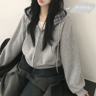 Guaranteed Cuteness, Cozy Check Loose Fit Zip-up Hoodie for Transitional Autumn