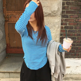 Striped Punched Boat Neck Color Block T-shirt
