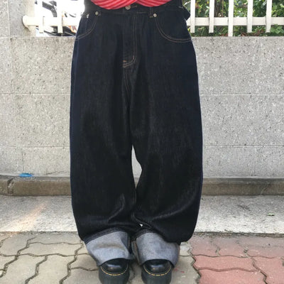Non-Faded Rolled-Up Raw Buckle Wide Denim Pants