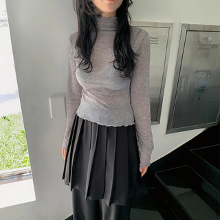 Muto See-through Wavy Neck Turtleneck T-shirt, Layering Inner Tee, Basic Tee, Delicate Fit, Slim Fit, Mock Turtleneck, Ribbed Turtleneck, Spring & Autumn
