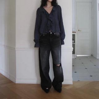 Stern-cut black wide denim pants