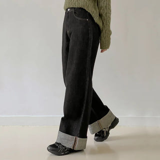 Fold Roll-up Non-Faded Wide Denim Pants
