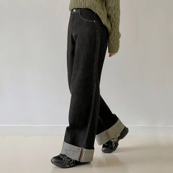 Fold Roll-up Non-Faded Wide Denim Pants