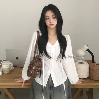 Lovely Strap Back Ribbon Slim Fit Puff Long Sleeve Blouse