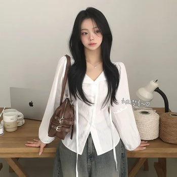 Lovely Strap Back Ribbon Slim Fit Puff Long Sleeve Blouse