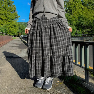Ella Check Tiered Long Skirt Tartan Layered Shirred Elastic Waist Maxi A-Line Flare Skirt Spring Autumn
