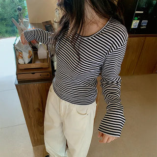 About U-Neck Striped Long Sleeve T-Shirt, Striped Inner Item, Basic Item, Loose Fit, Slim Fit, Layered Long Sleeve T-Shirt, Cotton T-Shirt, Autumn, New Autumn Arrivals
