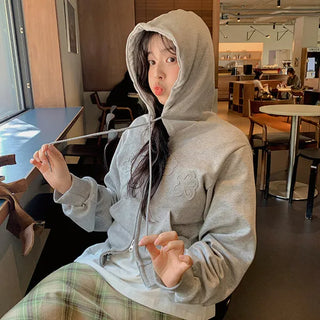 Munid Flower Patch Crop Zip-up Hoodie Layered Loose Fit Pocket Hoodie Cotton T-shirt Long Sleeve T-shirt Transitional Autumn Outerwear