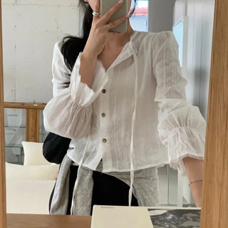 Le Meli Punched Lace Strap Crop Puff Blouse