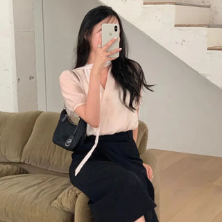 Raised Tie Puff Short Sleeve Blouse