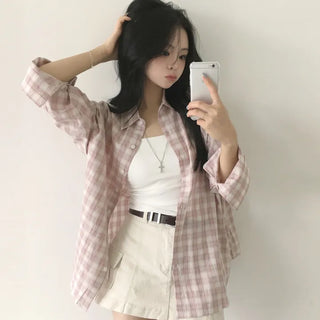 Delicate~ Peach Check Delicate Oversized Long Sleeve Shirt
